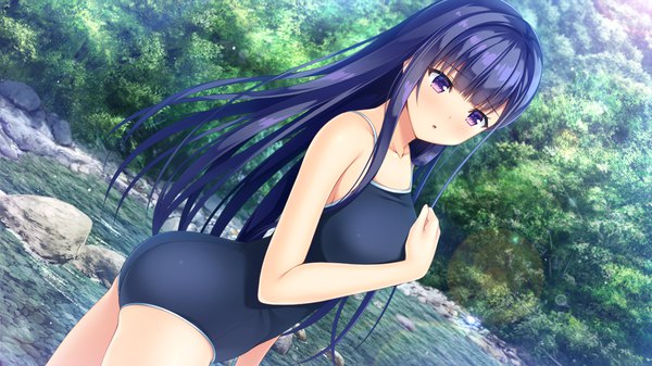 Anime picture 1280x720 with natural vacation hibiki works fujisaki haruka asami asami single long hair blush black hair wide image purple eyes looking away game cg ass outdoors river girl swimsuit one-piece swimsuit school swimsuit