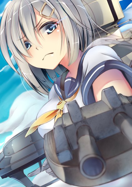 Anime picture 744x1052 with kantai collection hamakaze destroyer suitenjh single tall image looking at viewer blush short hair breasts blue eyes sky silver hair girl gloves hair ornament weapon hairclip sailor suit