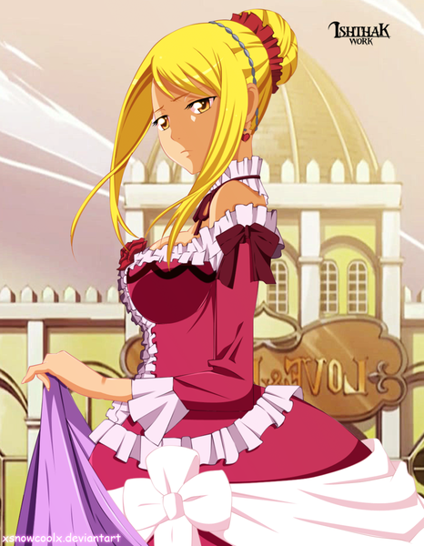 Anime picture 900x1158 with fairy tail layla heartfilia xsnowcoolx single long hair tall image breasts blonde hair large breasts yellow eyes sky hair bun (hair buns) coloring girl dress detached sleeves earrings frills building (buildings)