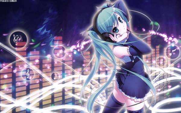 Anime picture 1280x800 with vocaloid hatsune miku shirahane nao belson single long hair blue eyes wide image signed blue hair looking back wallpaper third-party edit girl thighhighs dress black thighhighs detached sleeves headphones wire (wires)