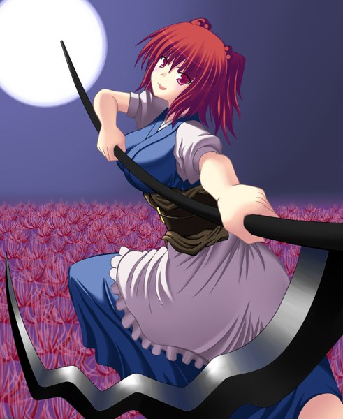Anime picture 1145x1400 with touhou onozuka komachi ac (eshi) single tall image looking at viewer short hair red eyes red hair two side up girl flower (flowers) belt moon scythe higanbana
