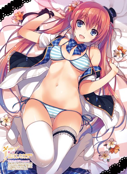 Anime picture 1404x1920 with original tomose shunsaku single long hair tall image looking at viewer blush open mouth blue eyes light erotic twintails red hair hair flower scan open shirt girl thighhighs navel underwear panties