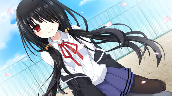 Anime picture 1280x720 with date a live tokisaki kurumi single long hair looking at viewer fringe black hair smile red eyes wide image game cg sky cloud (clouds) hair over one eye open clothes girl skirt uniform ribbon (ribbons) school uniform