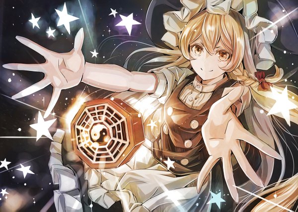 Anime picture 1388x991 with touhou kirisame marisa jan (lightdragoon) single long hair fringe blonde hair smile hair between eyes brown eyes payot looking away braid (braids) puffy sleeves floating hair magic single braid happy spread arms side braid