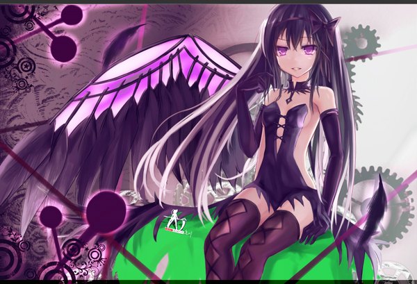 Anime picture 1621x1107 with mahou shoujo madoka magica shaft (studio) akemi homura wangchuan de quanyan single long hair black hair sitting purple eyes girl thighhighs dress gloves bow hair bow wings elbow gloves feather (feathers) gears
