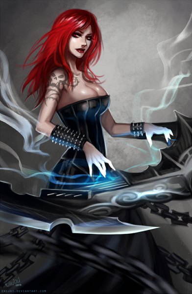 Anime picture 700x1072 with league of legends sona buvelle enijoi single long hair tall image looking at viewer breasts light erotic red eyes large breasts bare shoulders cleavage red hair tattoo lipstick girl dress black dress chain