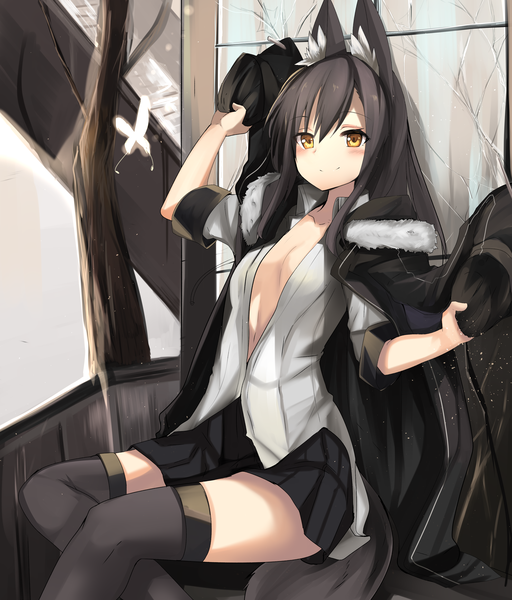 Anime picture 3018x3541 with original haik single long hair tall image looking at viewer blush highres light erotic black hair smile sitting animal ears yellow eyes absurdres girl thighhighs black thighhighs coat