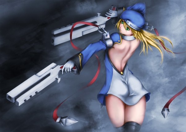 Anime picture 1697x1200 with blazblue noel vermillion tsuchiryuu (tsuchinoe tatsu) single long hair blonde hair green eyes girl thighhighs dress gloves weapon black thighhighs gun beret