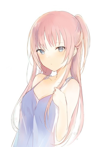 Anime picture 620x875 with original lpip single long hair tall image looking at viewer blush fringe breasts simple background white background holding pink hair cleavage upper body ponytail grey eyes hand on chest girl