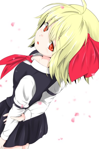 Anime picture 1200x1800 with touhou rumia s-ghost single tall image looking at viewer fringe short hair open mouth blonde hair simple background red eyes long sleeves pleated skirt looking back from above hands behind back girl skirt uniform