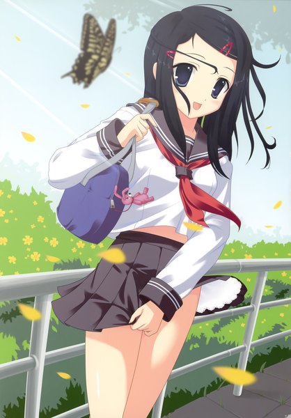 Anime picture 2440x3500 with original itou life single long hair tall image blush highres open mouth blue eyes black hair girl skirt hair ornament miniskirt petals serafuku hairclip insect butterfly school bag