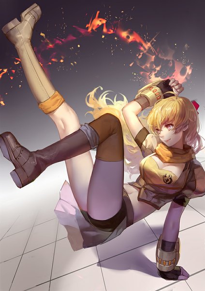 Anime picture 707x1000 with rwby rooster teeth yang xiao long ask (askzy) single long hair tall image blush smile yellow eyes looking away cleavage full body lips arm support bare belly midriff legs up girl skirt