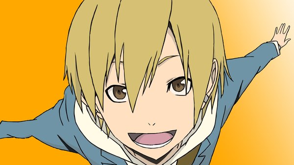 Anime picture 1920x1080 with durarara!! brains base (studio) kida masaomi looking at viewer highres short hair open mouth simple background blonde hair wide image brown eyes spread arms yellow background boy uniform school uniform
