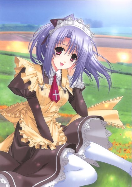 Anime picture 2109x2982 with tall image highres red eyes sitting purple hair maid girl necktie
