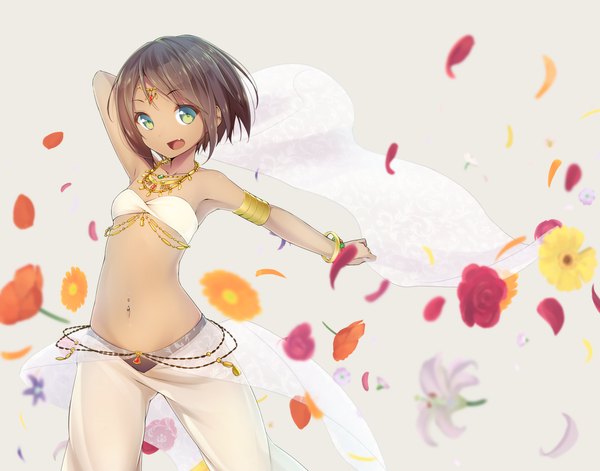 Anime picture 2100x1651 with original ninnzinn single looking at viewer highres short hair open mouth simple background brown hair white background bare shoulders holding green eyes bare belly girl navel flower (flowers) petals bracelet jewelry