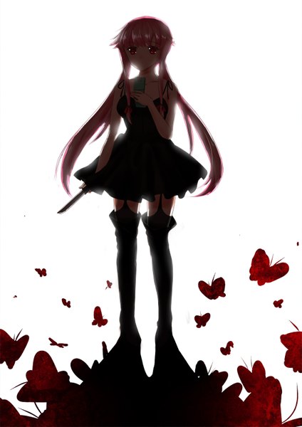Anime picture 1061x1500 with mirai nikki gasai yuno colivt (artist) single long hair tall image looking at viewer fringe simple background standing white background twintails bare shoulders pink hair pink eyes girl thighhighs dress black thighhighs boots