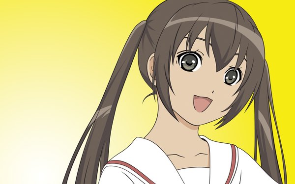 Anime picture 1920x1200 with minami-ke minami kana single looking at viewer highres open mouth brown hair wide image twintails brown eyes payot :d gradient background happy vector girl