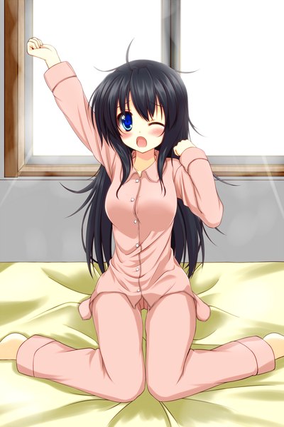 Anime picture 800x1200 with original sogaya single long hair tall image looking at viewer blush open mouth blue eyes black hair one eye closed wink girl pajamas