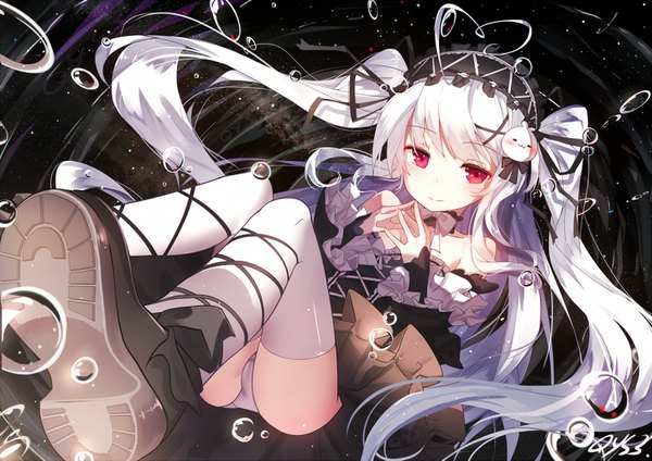 Anime picture 1450x1025 with niliu chahui tokisaki mio qys3 single long hair looking at viewer blush fringe light erotic smile red eyes twintails signed ahoge bent knee (knees) white hair pantyshot fingers together borrowed character girl