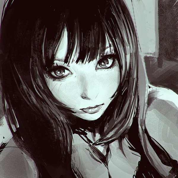 Anime picture 900x900 with original ilya kuvshinov single long hair looking at viewer fringe cleavage realistic monochrome portrait close-up face sketch girl