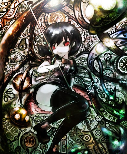 Anime picture 1157x1400 with touhou houjuu nue sibanoue (artist) single tall image short hair black hair red eyes girl thighhighs bow ufo