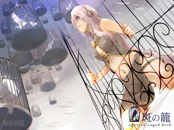 Anime picture 1280x960 with vocaloid megurine luka single long hair breasts blue eyes light erotic smile large breasts holding pink hair sky light smile flying girl navel animal headphones bird (birds) cage