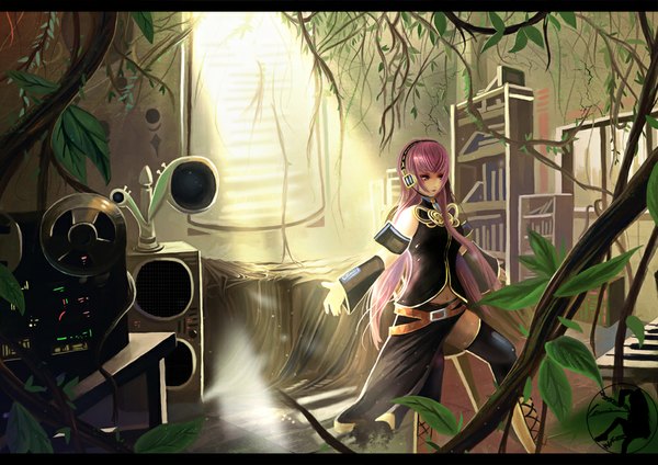 Anime picture 1000x707 with vocaloid megurine luka single long hair fringe pink hair sunlight girl thighhighs navel black thighhighs plant (plants) detached sleeves boots belt window headphones book (books) thigh boots microphone