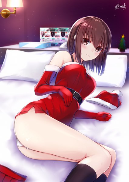 Anime picture 2508x3541 with original bee doushi single tall image looking at viewer blush fringe highres short hair breasts light erotic hair between eyes brown hair brown eyes signed ass indoors lying thighs on side