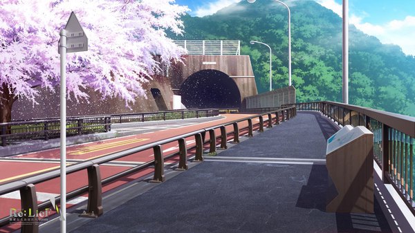 Anime picture 1280x720 with re:lief ebisutaro wide image sky cloud (clouds) outdoors shadow copyright name cherry blossoms street plant (plants) petals tree (trees) road lamppost