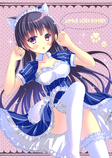 Anime picture 637x900 with original yuzukaze rio single long hair tall image looking at viewer blush light erotic black hair purple eyes animal ears cat ears sparkle maid puffy sleeves polka dot paw print polka dot background girl thighhighs