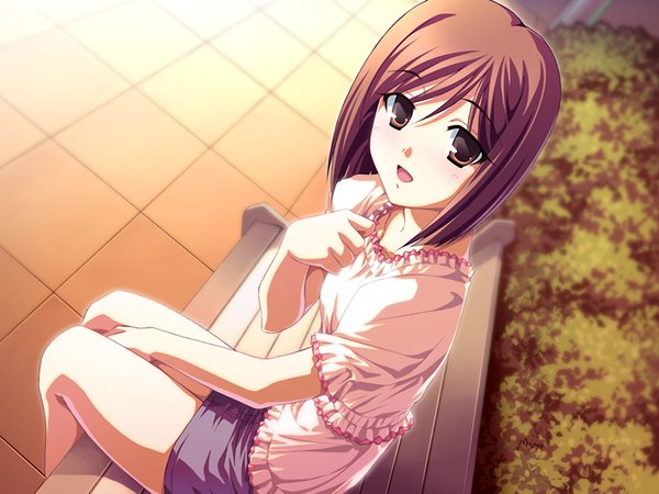 Anime picture 1200x900 with imitation lover single looking at viewer short hair brown hair sitting brown eyes game cg girl bench