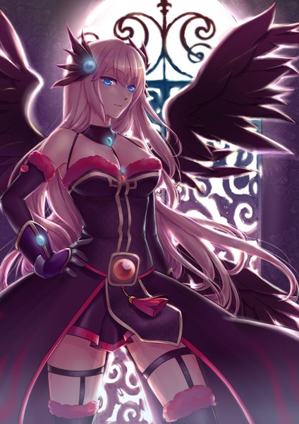Anime picture 2480x3507 with plutokelp (artist) single long hair tall image highres blue eyes pink hair hand on hip girl dress gloves wings elbow gloves collar