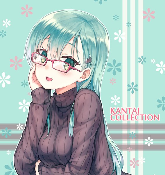 Anime picture 1136x1200 with kantai collection suzuya heavy cruiser hiten (hitenkei) single long hair tall image looking at viewer blush green eyes aqua hair inscription copyright name chin rest girl hair ornament glasses sweater turtleneck