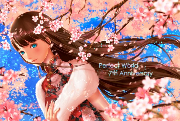 Anime picture 1000x673 with original rua (k-tie) single long hair looking at viewer blush blue eyes brown hair cherry blossoms chinese clothes girl plant (plants) petals tree (trees) fur