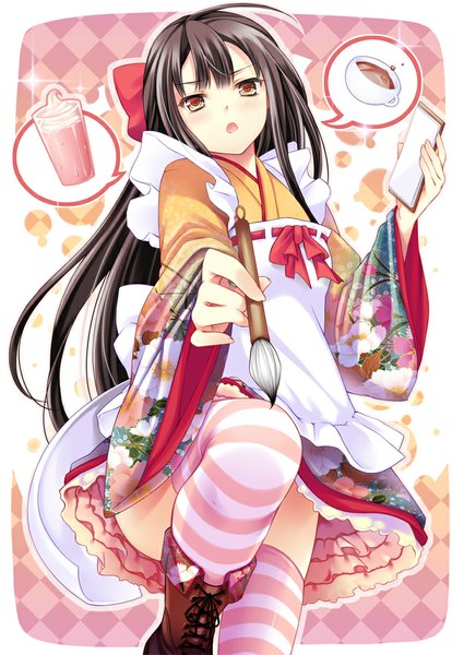 Anime picture 724x1023 with original cocoa (cafe-hotcocoa) single long hair tall image looking at viewer blush open mouth black hair yellow eyes girl thighhighs dress bow hair bow boots striped thighhighs paintbrush calligraphy brush