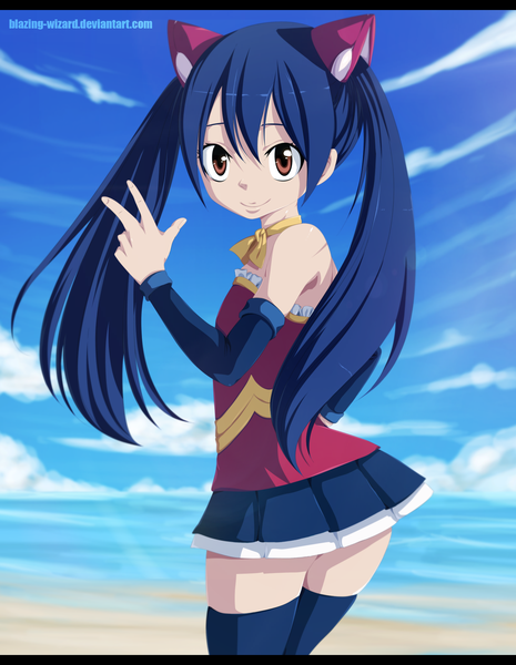 Anime picture 1600x2062 with fairy tail wendy marvell blazing-wizard single long hair tall image smile twintails bare shoulders brown eyes blue hair sky cloud (clouds) pleated skirt loli coloring victory girl thighhighs skirt