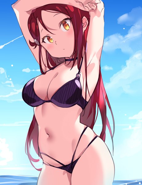 Anime picture 2000x2600 with love live! sunshine!! sunrise (studio) love live! sakurauchi riko tem10 single long hair tall image looking at viewer blush fringe highres breasts light erotic hair between eyes yellow eyes sky cleavage cloud (clouds) outdoors