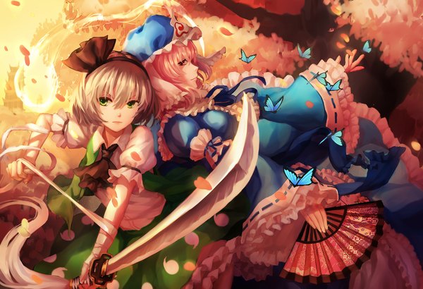 Anime picture 1608x1100 with touhou konpaku youmu saigyouji yuyuko myon ttk (kirinottk) looking at viewer blush short hair smile multiple girls green eyes pink hair traditional clothes japanese clothes pink eyes grey hair cherry blossoms turning head girl dress