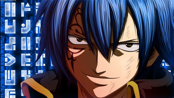 Anime picture 1920x1080 with fairy tail jellal fernandes deiviscc single highres short hair simple background smile wide image green eyes blue hair tattoo coloring facial mark face face paint boy
