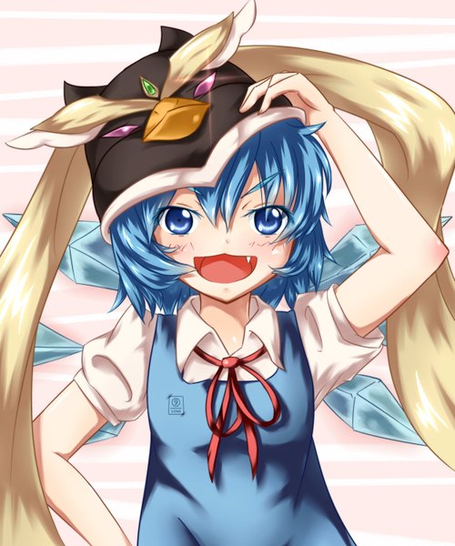 Anime picture 1250x1500 with mawaru penguindrum touhou cirno gpbeta (artist) single tall image short hair open mouth blue eyes blue hair cosplay girl crystal ice