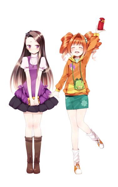 Anime picture 900x1430 with idolmaster minase iori takatsuki yayoi anz (starry) long hair tall image blush short hair open mouth simple background brown hair white background purple eyes twintails multiple girls looking away eyes closed orange hair embarrassed drill hair