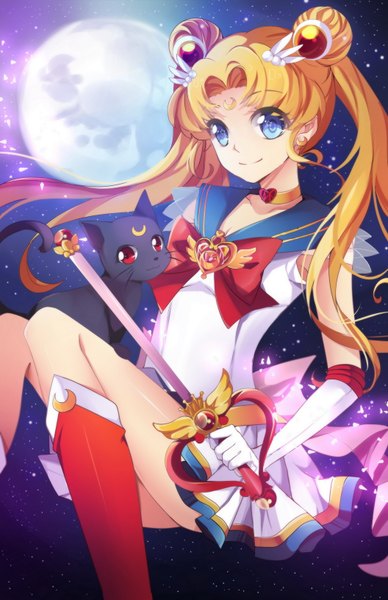 Anime picture 1056x1632 with bishoujo senshi sailor moon toei animation tsukino usagi sailor moon luna (sailor moon) squchan long hair tall image blue eyes blonde hair smile twintails crescent girl skirt gloves hair ornament boots heart moon