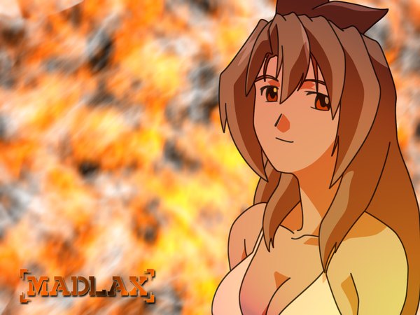 Anime picture 1600x1200 with madlax madlax (character) silence (minitokyo) single long hair looking at viewer fringe breasts hair between eyes red eyes brown hair upper body light smile wallpaper vector third-party edit screencap redraw girl