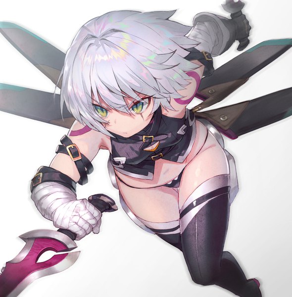 Anime picture 1029x1047 with fate (series) fate/apocrypha jack the ripper (fate/apocrypha) shirabi single tall image fringe short hair light erotic simple background hair between eyes white background holding green eyes looking away silver hair tattoo leaning leaning forward shiny skin