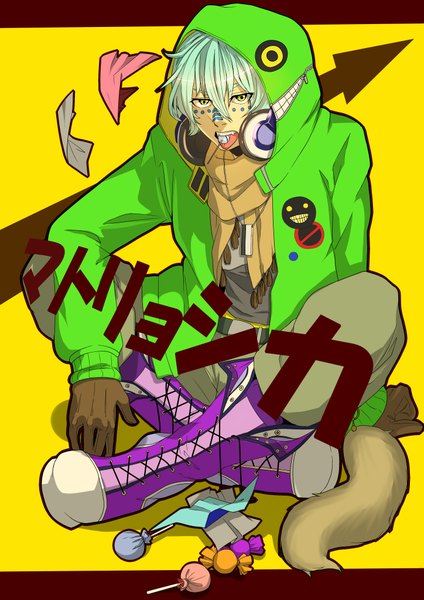 Anime picture 2893x4092 with original matryoshka (vocaloid) yanagi nikichi single tall image highres sitting yellow eyes animal tail green hair inscription facial mark lacing yellow background face paint indian style boy gloves jacket boots
