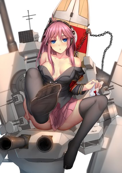 Anime picture 1240x1753 with musynexsk single long hair tall image looking at viewer blue eyes light erotic sitting pink hair legs girl thighhighs skirt weapon black thighhighs miniskirt headphones
