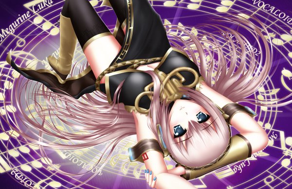Anime picture 1387x900 with vocaloid megurine luka nohoho (kakikonchi) long hair blue eyes light erotic pink hair lying arms up girl thighhighs skirt black thighhighs miniskirt boots skirt set