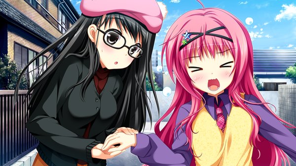 Anime picture 1280x720 with asa project ren'ai 0 kilometer kinomoto nokia panta (artist) long hair open mouth black hair wide image multiple girls pink hair game cg girl 2 girls glasses