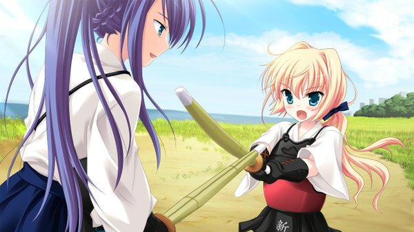 Anime picture 1280x720 with kisaragi gold star (game) long hair blue eyes blonde hair wide image multiple girls game cg purple hair kendo girl 2 girls shinai