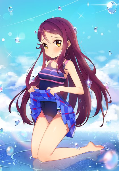 Anime picture 900x1288 with love live! sunshine!! sunrise (studio) love live! sakurauchi riko ayami (annahibi) single long hair tall image looking at viewer blush fringe light erotic hair between eyes signed yellow eyes sky cloud (clouds) bent knee (knees) red hair pleated skirt